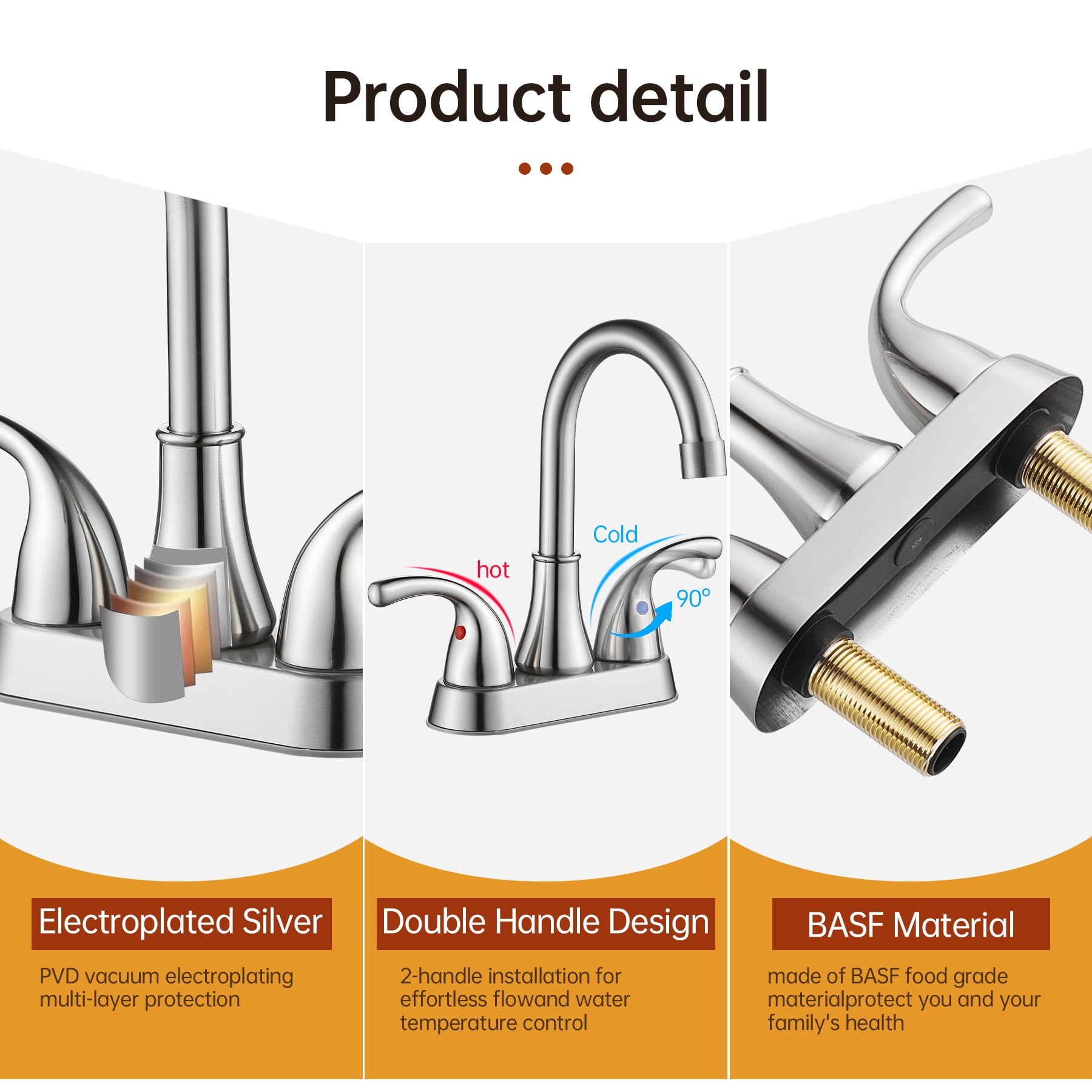 Kede 4 Inch Faucet 2 Handle Bathroom Sink Faucet Lead-Free Brushed Nickel Bath Sink Faucet with Pop-up Drain Stopper and Supply Hoses