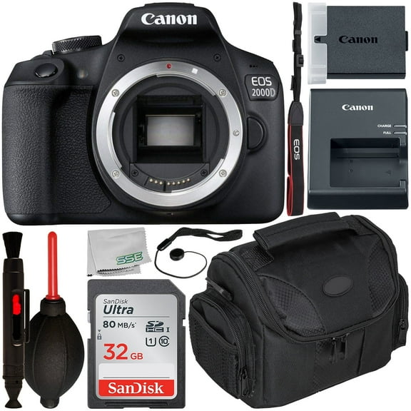 Canon EOS 2000D (Intl Model) DSLR Camera (Body Only) with Starter Accessory Bundle – Includes: SanDisk Ultra 32GB SDHC Memory Card   Camera Carrying Case   Body Cap Keeper   Cleaning Pen   MORE