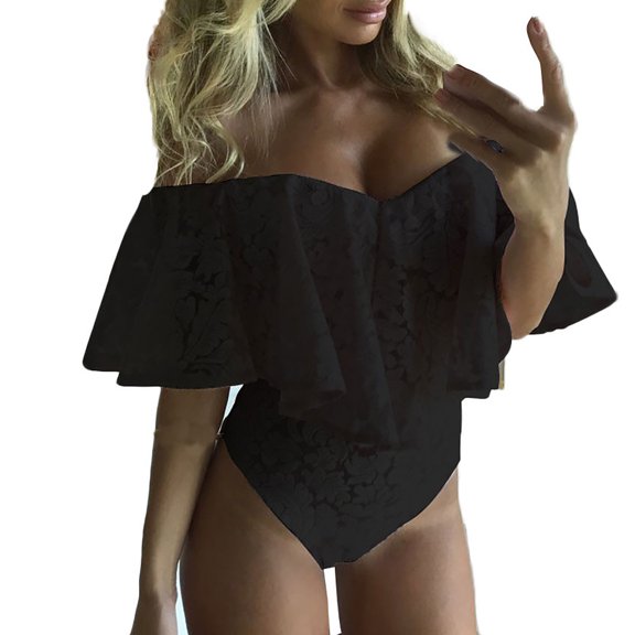 Black and Friday Clearance under $5 asdoklhq Womens Plus Capris,Womens Frill Off One Shoulder Lace Bodysuit Stretch Party Leotard Jumpsuit