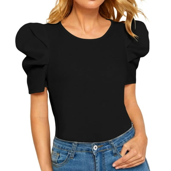 WRXMIJNHGSA Clearance Sales Under $10 Puff Short Sleeve for Women Tops Trendy Spring Summer 2025 Business Casual Outfits Knit Crewneck Shirt Blouses Black