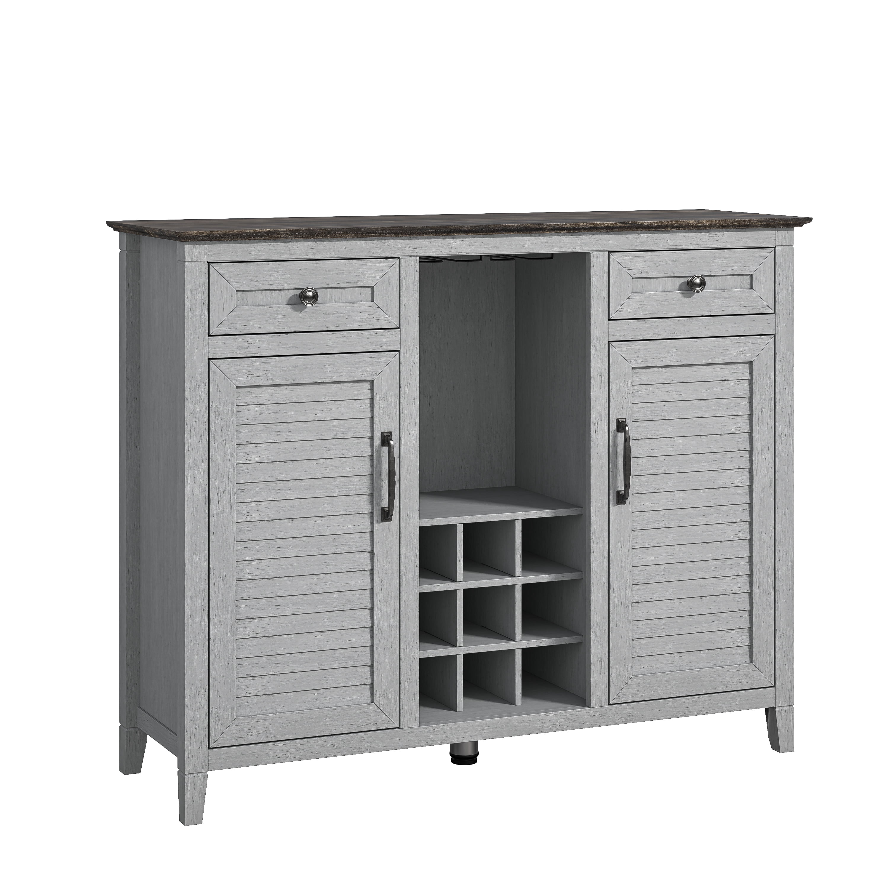 47" Wine Cabinet – Metal Glass Rack, Wood Grid, Adjustable Shelves & Two-Tone Finish，Grey