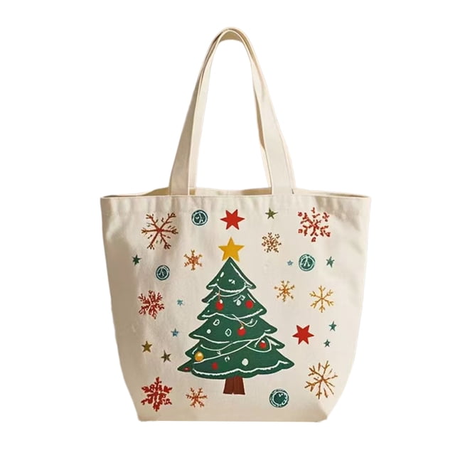 Christmas Gift Bags Canvas Tote Bag With Santa Claus And Apples Design For Holiday Gift Wrapping