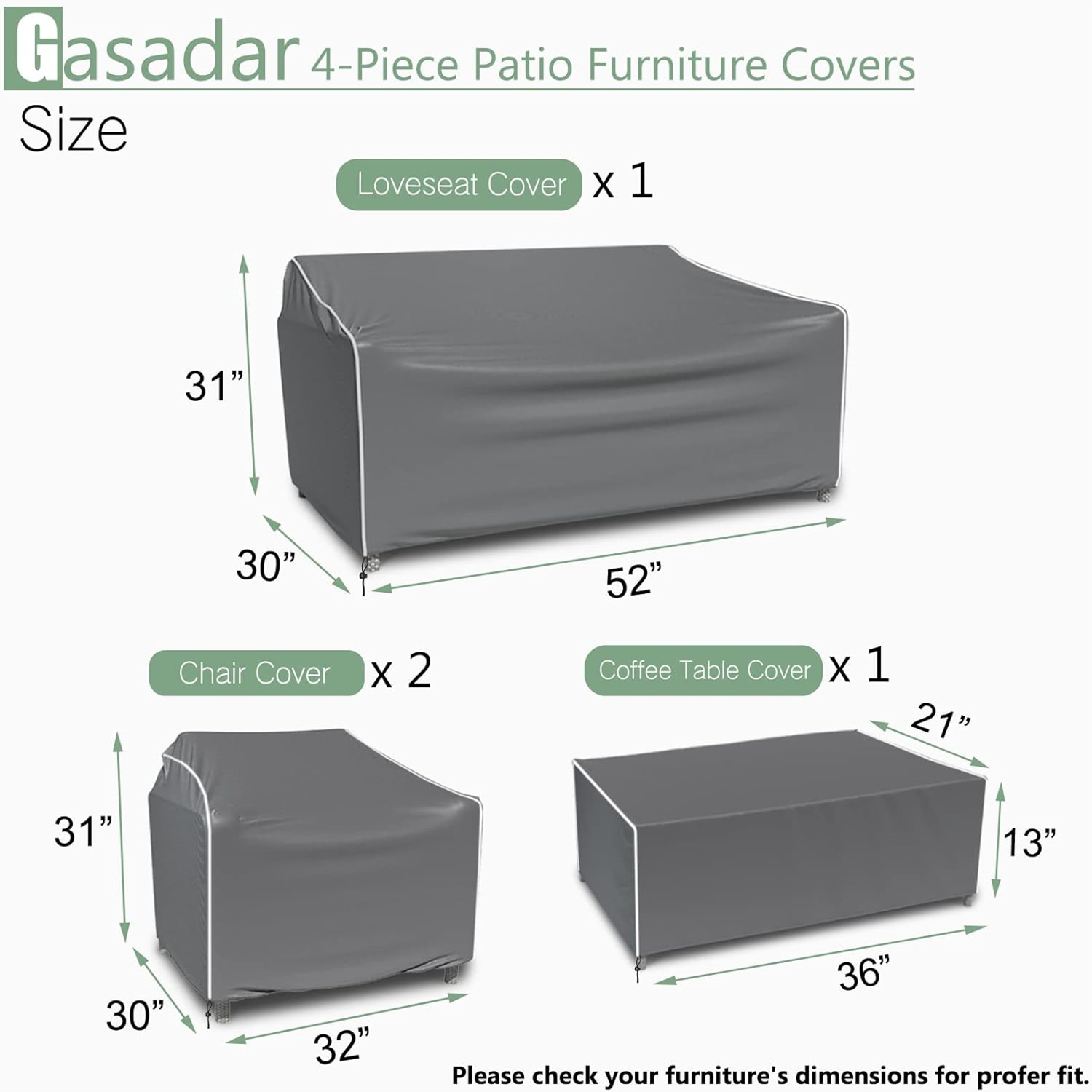 Patio Furniture Cover 4-Piece Set, Heavy 600D Outdoor Furniture Cover Waterproof for Lawn Patio Chairs, Loveseat and Coffe table, Grey