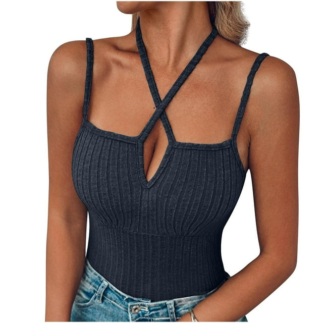 Hinvhai Débardeur Court Dos Nu à Découpes pour Femme, Liquidation, Été, Coupe Ajustée, Uni, Bleu, m(m)