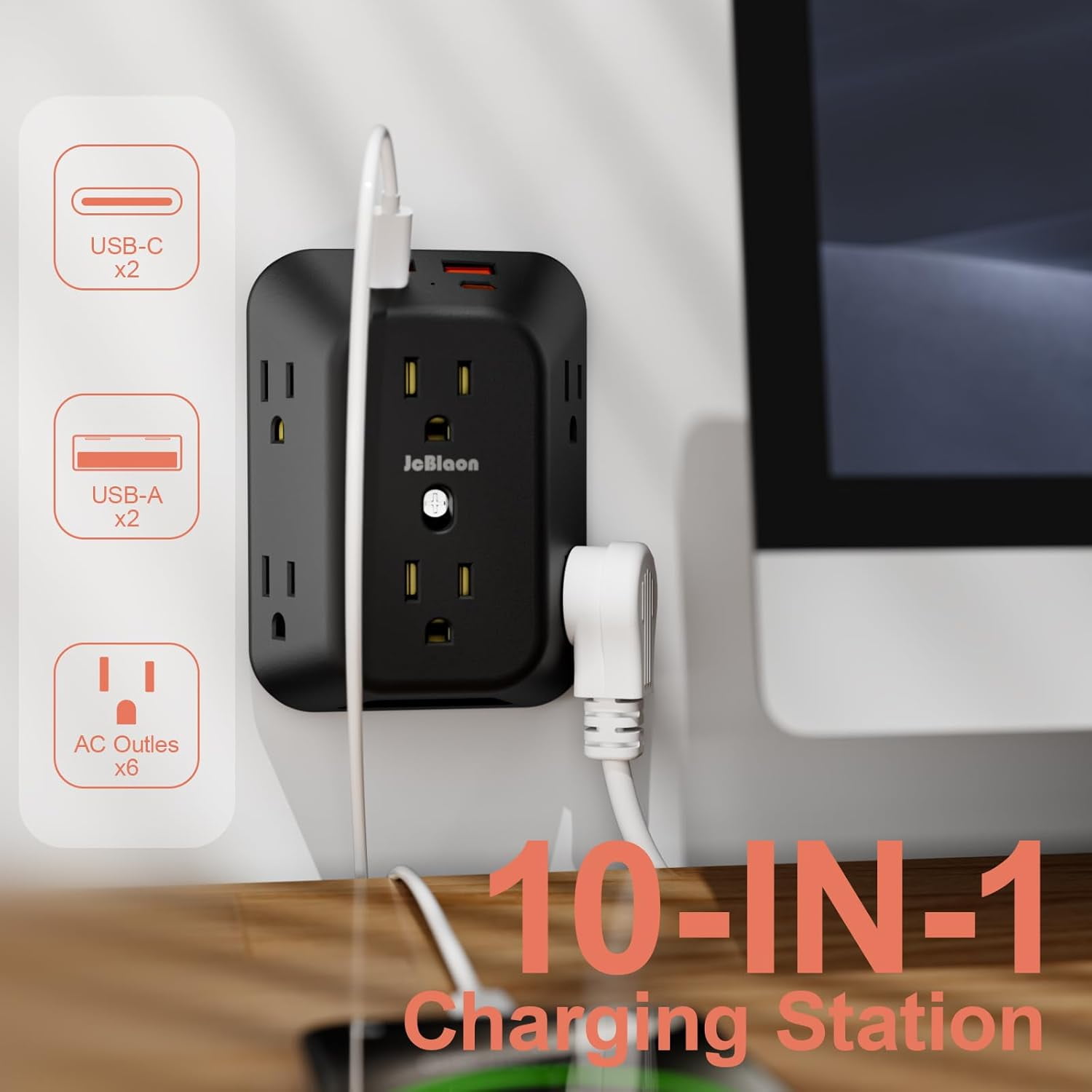 USB Wall Charr Electrical Outlet Extender, Sur Protector, 6 Outlet Splitter with 4 USB Outlet (2USB A, 2USB C) 4-Sided 1050J Power Strip Multi Plug Adapter for Home Office Travel
