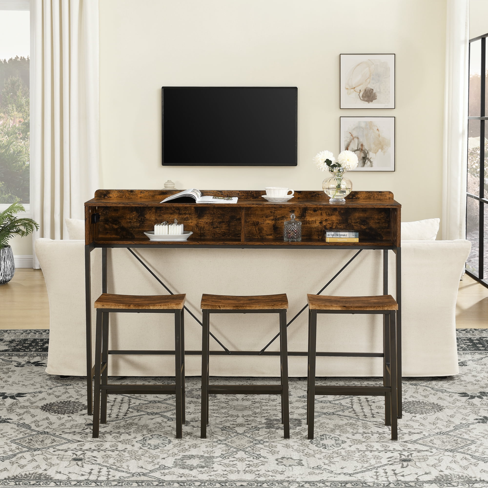 HOQBN Bar Table Set,59 inch Bar Table with Power Socket and LED Light,4-piece Bar Table and 3 Saddle Stools Set for Living Room, Dining Room and Kitchen,Brown