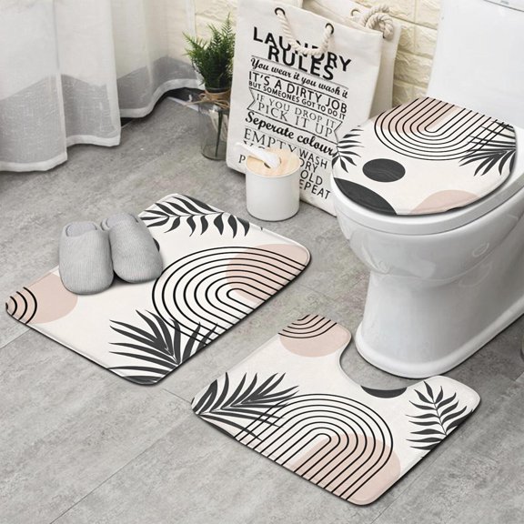 Brown Boho Geometric and Plant Pattern Bathroom Rugs Sets 3 Piece,Toilet Cover Set,Absorbent Non Slip Bathroom Mats Sets with U-Shaped Contour Rug Toilet Rug Set