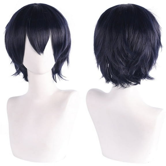 XmhyTop Unisex Short Anime-Style Cosplay Wig, Fluffy Layered Heat-Resistant Synthetic Hair, with Bangs, Ideal for Costume Parties, Prom & Themed Events，Navy Blue