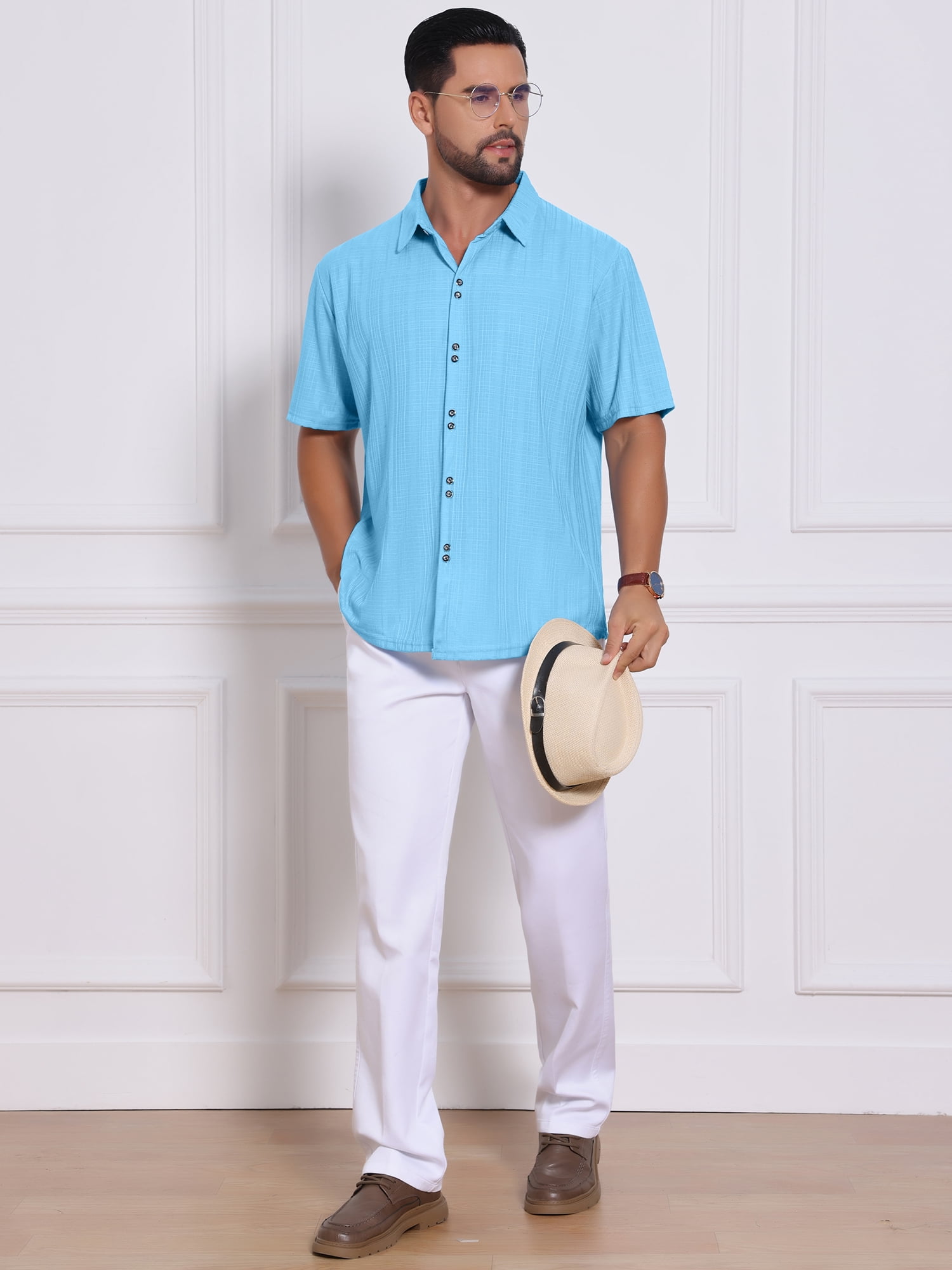 DARING DIVA Men's Texture Short Sleeve Button Down Casual Knitted Shirt M Light Blue