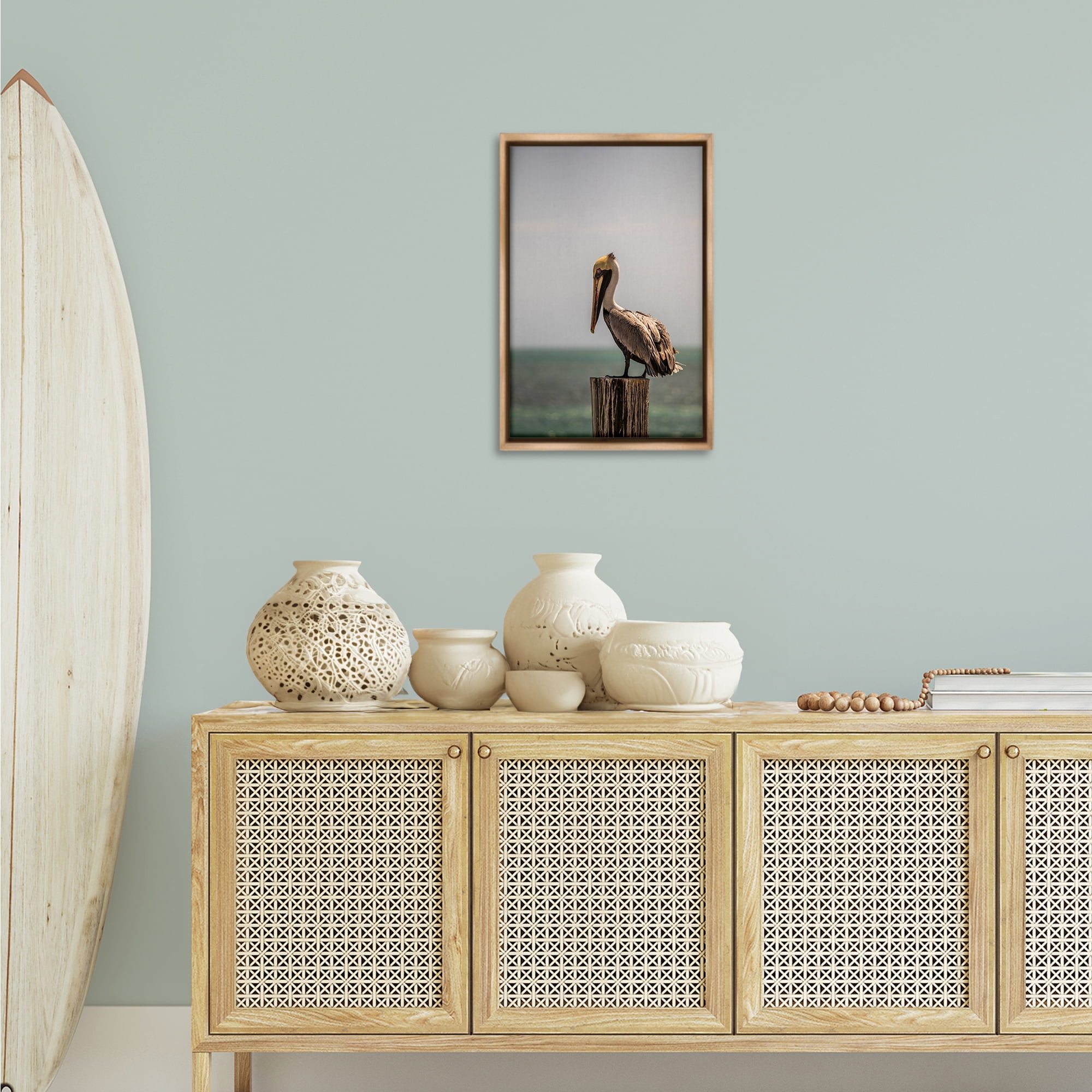 Stupell Industries Nautical Landscape Pelican Animals Photography Brown Floater Framed Canvas Art Print Wall Art, 17 x 25