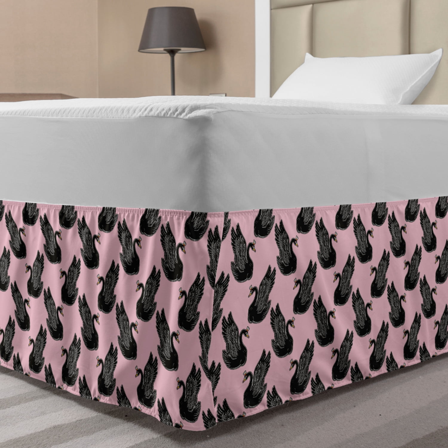 Swan Bed Skirt, Pin up Pattern with Black Swan Princess Girls Kids Nursery, Elastic Bedskirt Dust Ruffle Wrap Around for Bedding Decor, 4 Sizes, Pale Pink Black, by Ambesonne -