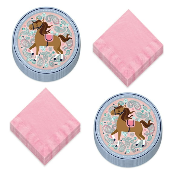 Saddle Up Horse & Floral Paper Dessert Plates and Pretty Pink Napkins (16 Plates & Napkins)