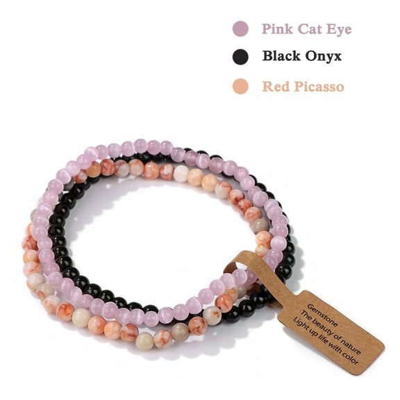 3Pcs/set Natural Green Stone Bracelet 4mm Moss Agates Black Onyx Cat Eye Beads Elastic Bracelets For Women Men Simple Jewelry