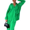 thumbnail image 4 of VISgogo Traje Casual para Mujer, Camisa de Solapa con Botones de Color Sólido de Manga Larga + Pantalones Largos de Pierna Ancha VISgogo moda, 4 of 8