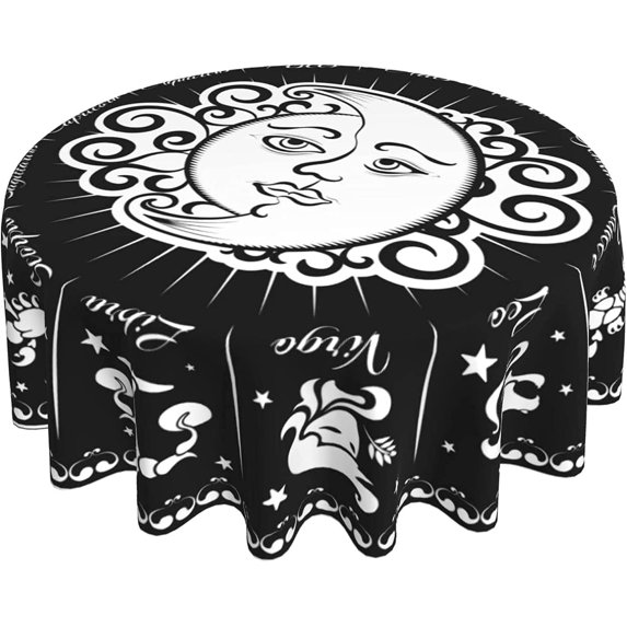 Zodiac Sign Sun and Moon Round Tablecloth Thicken Desk Cloth Washable Table Cover Table Cloth for Kitchen Daily Dinning Party Tabletop Decor 60 Inch