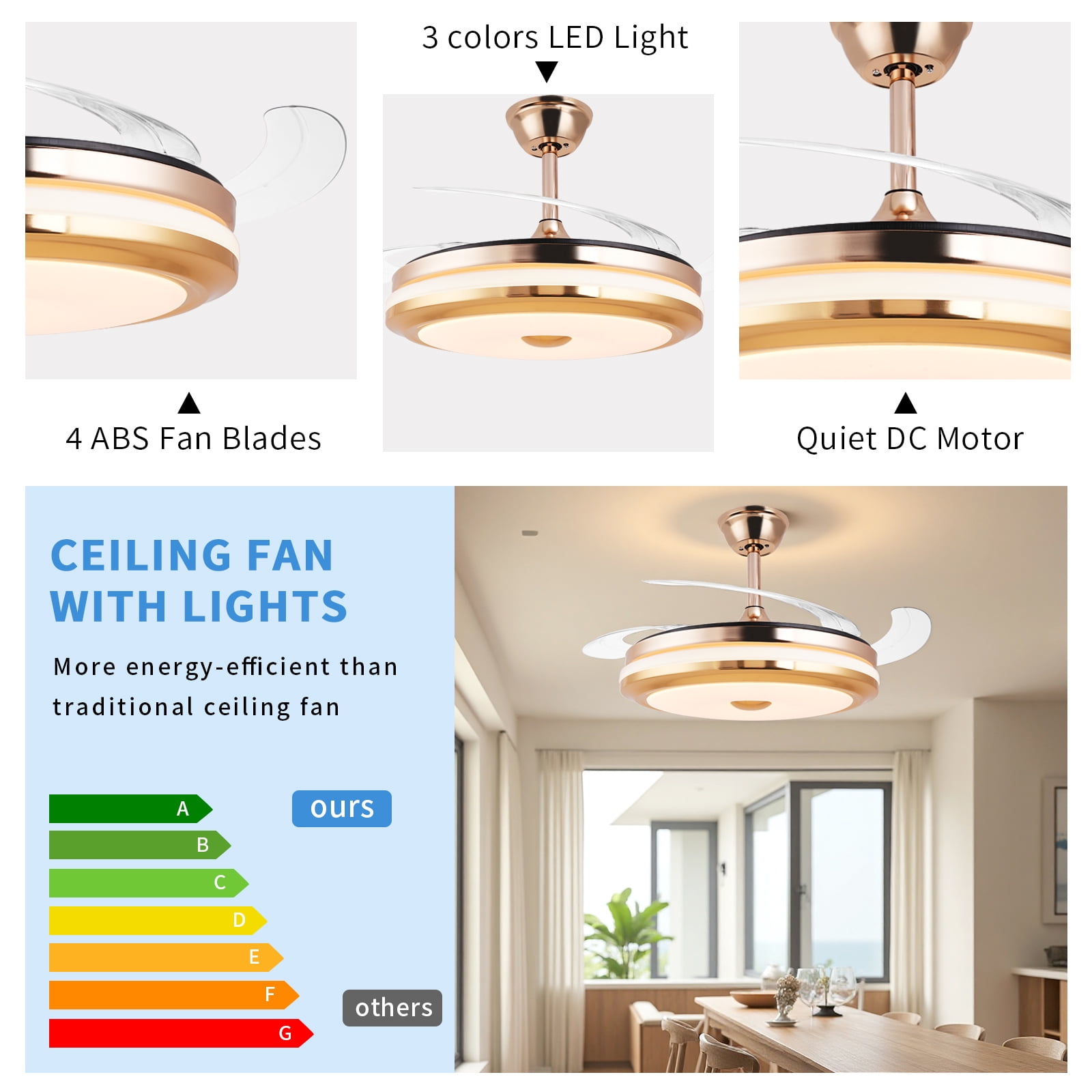 Smart Retractable Ceiling Fan with Light, 42 Inch Fandelier Remote Control, 3 Color Temperature Dimmable LED, 6 Speed Quiet Reversible DC Motor for Bedroom Living Room Kitchen