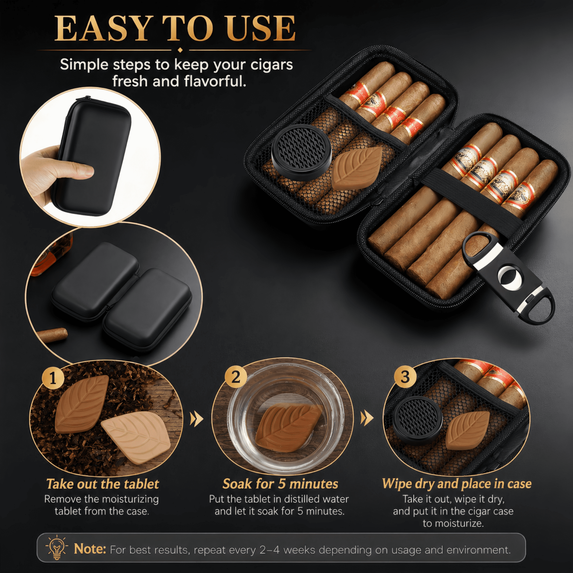 ChrumpTon Portable Cigar Travel Case with Cutter, Humidifier & Moisture Tablet – Black Cigar Storage Box, Men’s Gift Accessory (Cigar Not Included)