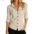 thumbnail image 2 of Kureaily Women's Collared Button Up Chest Pocket Roll Tab Long Sleeve Shirt (Beige), 2 of 5