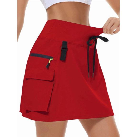 Skorts for Woman Hiking Cargo Skorts with Zipper Pockets, High Waisted Quick Dry for GOLF Workout Red S