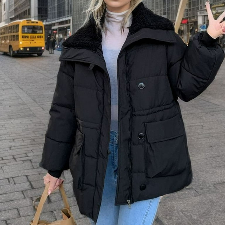 TrendVibe365 Long Puffer Jacket Women Black Long Sleeve Down Jacket No Hood Long Winter Coats Midweight Warm Outerwear Plain Thick Coat Zip Winter
