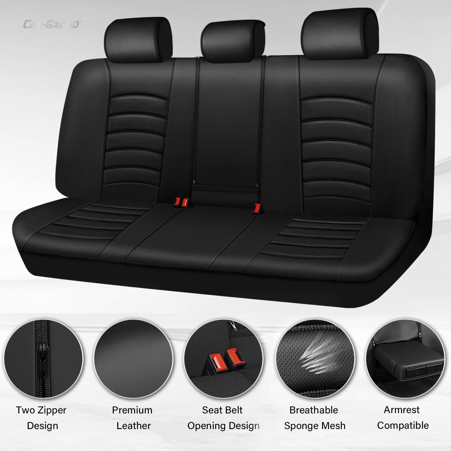 CAR GRAND PU Leather Car Seat Covers, Universal Fit Rear Bench covers for Trucks SUV Sedan Automotive Seat Protectors Armrest Waterproof 3D Foam Comfortable Faux Nappa Leather Black