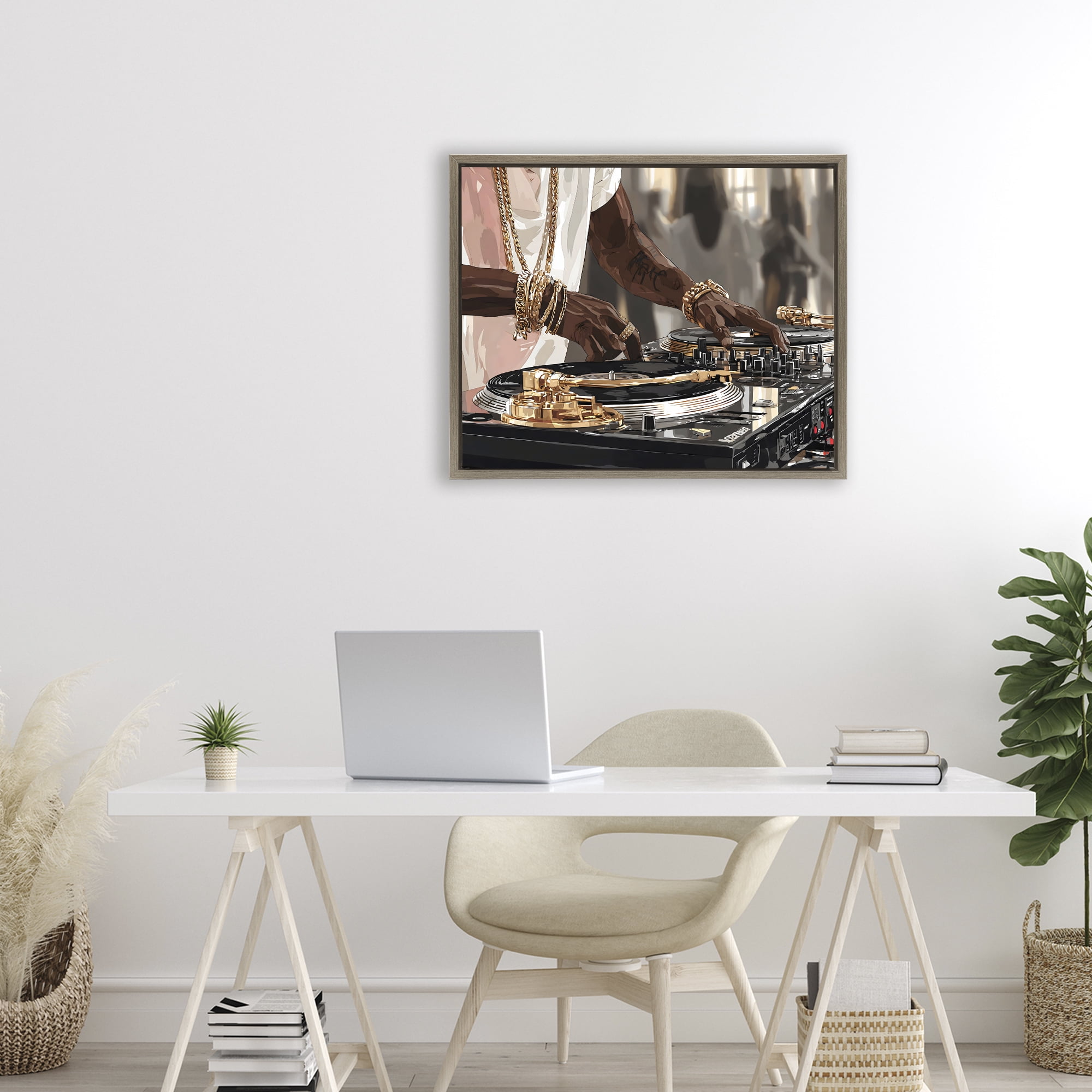 Stupell Industries Golden Sound DJ Turntables Brown Framed Floater Canvas Wall Art, design by Franklyn Gregory