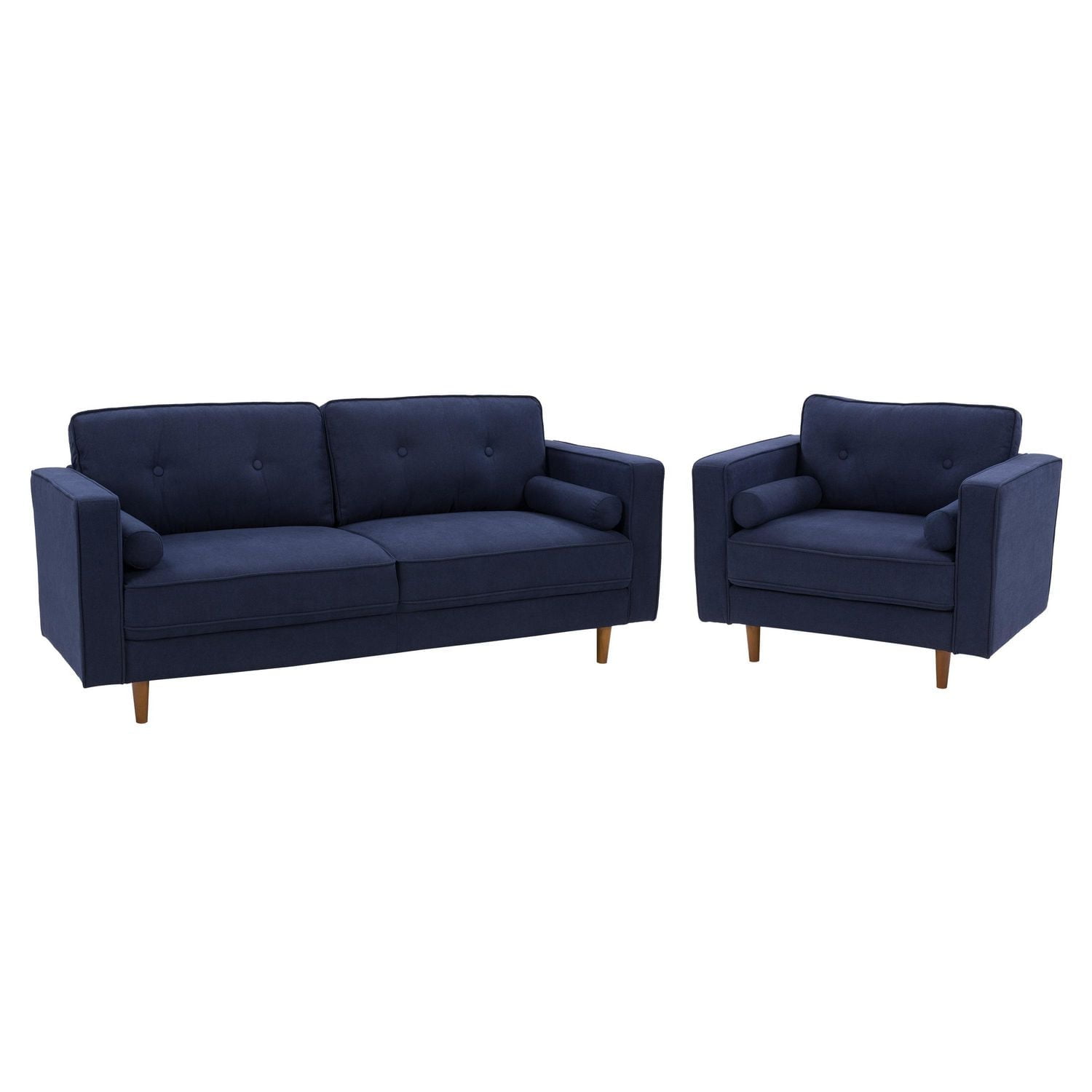 CorLiving Mulberry 2-Piece Mid-Century Modern Fabric Upholstered Living Room Set with Sofa and Chair, Navy Blue
