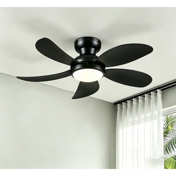 PHORUS 42" Modern Black Ceiling Fans with Light,6 Speed, Remote Control, Reverse Airflow, LED Bulb,Low Profile Flush Mount for Bedroom Living Room