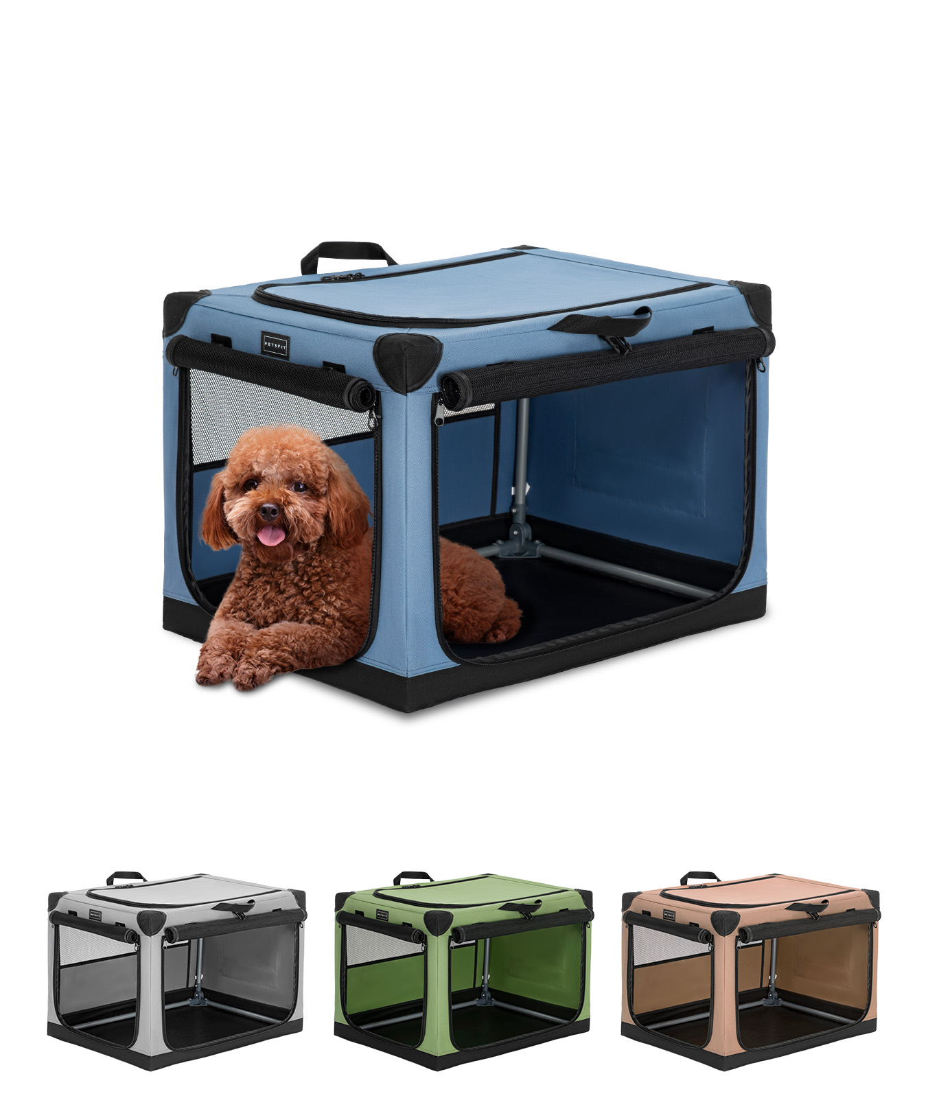 Petsfit Dog Travel Crate, Adjustable Fabric Cover by Spiral Iron Pipe, Chew Proof 3 Door Design, Portable Collapsible Pet Crate Blue