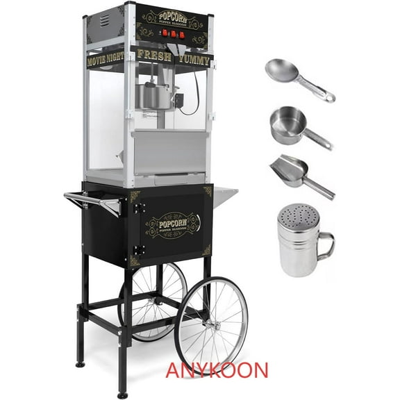 Anykoon Commercial Popcorn Machine with Cart and 20-Ounce Kettle, 1440W Popcorn Popper on Wheels with Tempered Glass, Vintage-Style, Warming Deck, for Parties, Events, and Theater, Black