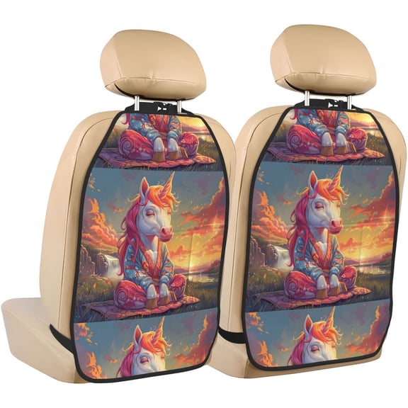 Xecao Meditating Cute Horse Pattern Car Seat Back Protector 2 Pack Large Capacity Pocket, Kick Mats Back Seat Protector