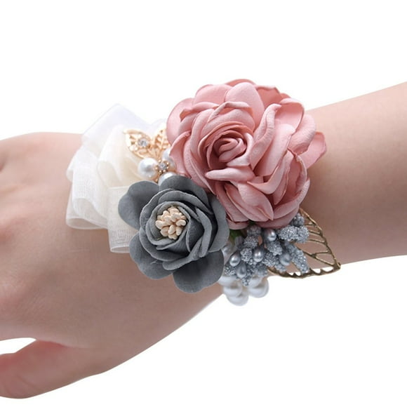 Fiwisora Satin Rose Wedding Bridal Corsage Bridesmaid Wrist Flower Corsage Flowers Pearl Bead Wristband for Wedding Prom Party Homecoming 2 pcs-Pink Wrist Corsage