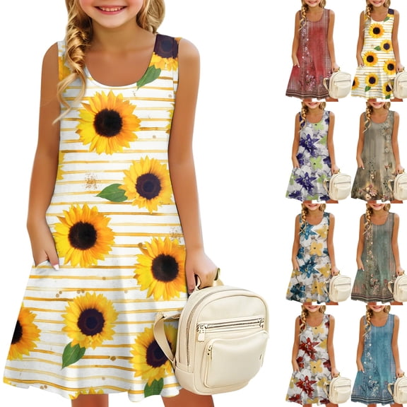 Kids A Line Sundresses Striped Sunflower Sleeveless Outdoor Vacation Casual Girls Dresses