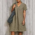 thumbnail image 3 of Summer Linen Dress for Women V Neck Plain Ruched Short Sleeve Short Mini Dress Casual Loose Comfy Pockets T Shirts Dress, 3 of 6