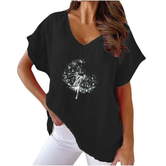 WREESH Women's Cotton Linen Sunflower Print T-Shirt V-Neck Batwing Sleeve Graphic Top Black