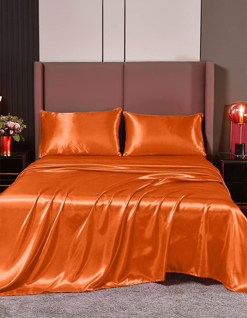 Cloud Fino Luxurious Satin bed sheets Orange Silk Sheets Super Queen