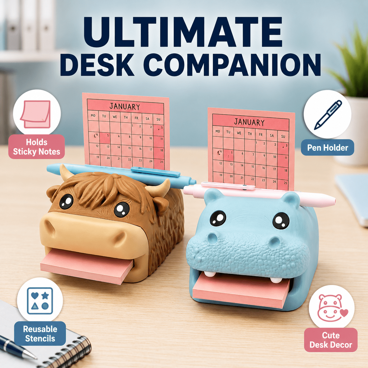 Highland Cow Note Holder, Sticky Note Holder and Dispenser with Stencil Set, Cute Desk Hippo-Campus Organizer with Pen Holder and Photo Slot, Compatible with Post It Notes, Fun Office Desk Accessory