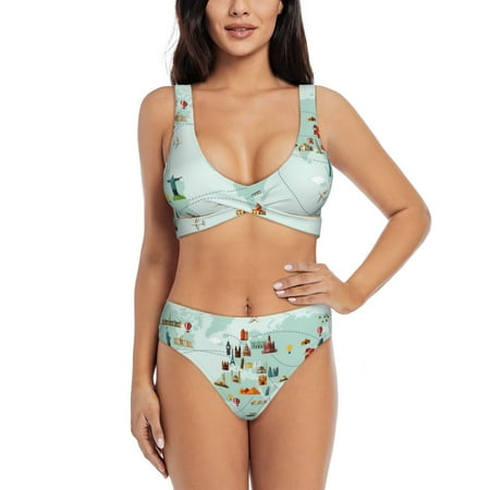 Zeuib World Travel Map High Waisted Tummy Control Bikini Set - Knot Front Push Up Top & Cheeky Thong Bottom  Two-Piece Swimsuit for Women-X-Large