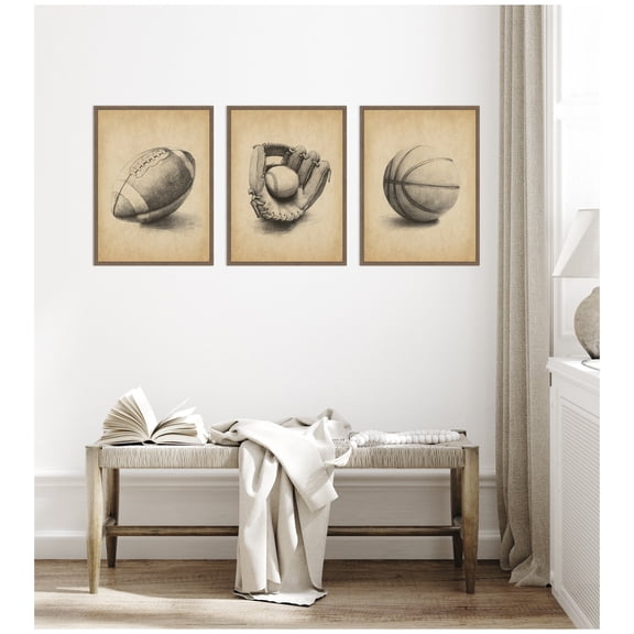 Kate and Laurel Antique Football 3 Piece Framed Canvas Wall Art Set by The Creative Bunch Studio, Sylvie Walnut Vintage, Sport Art for Wall Decor