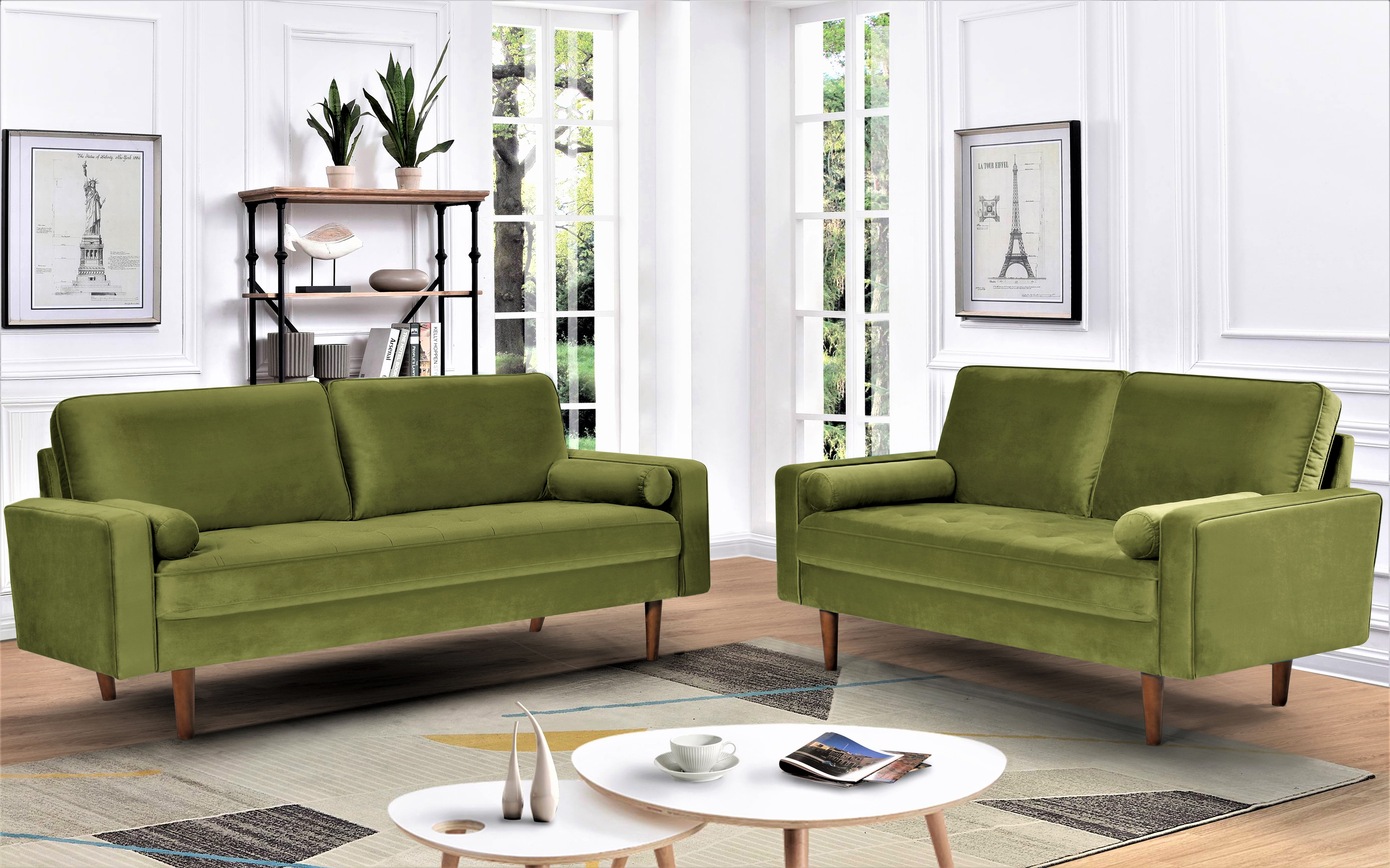 US Pride Furniture Monahan Velvet 2PC Living Room Sets Sofa Loveseat Olive Green