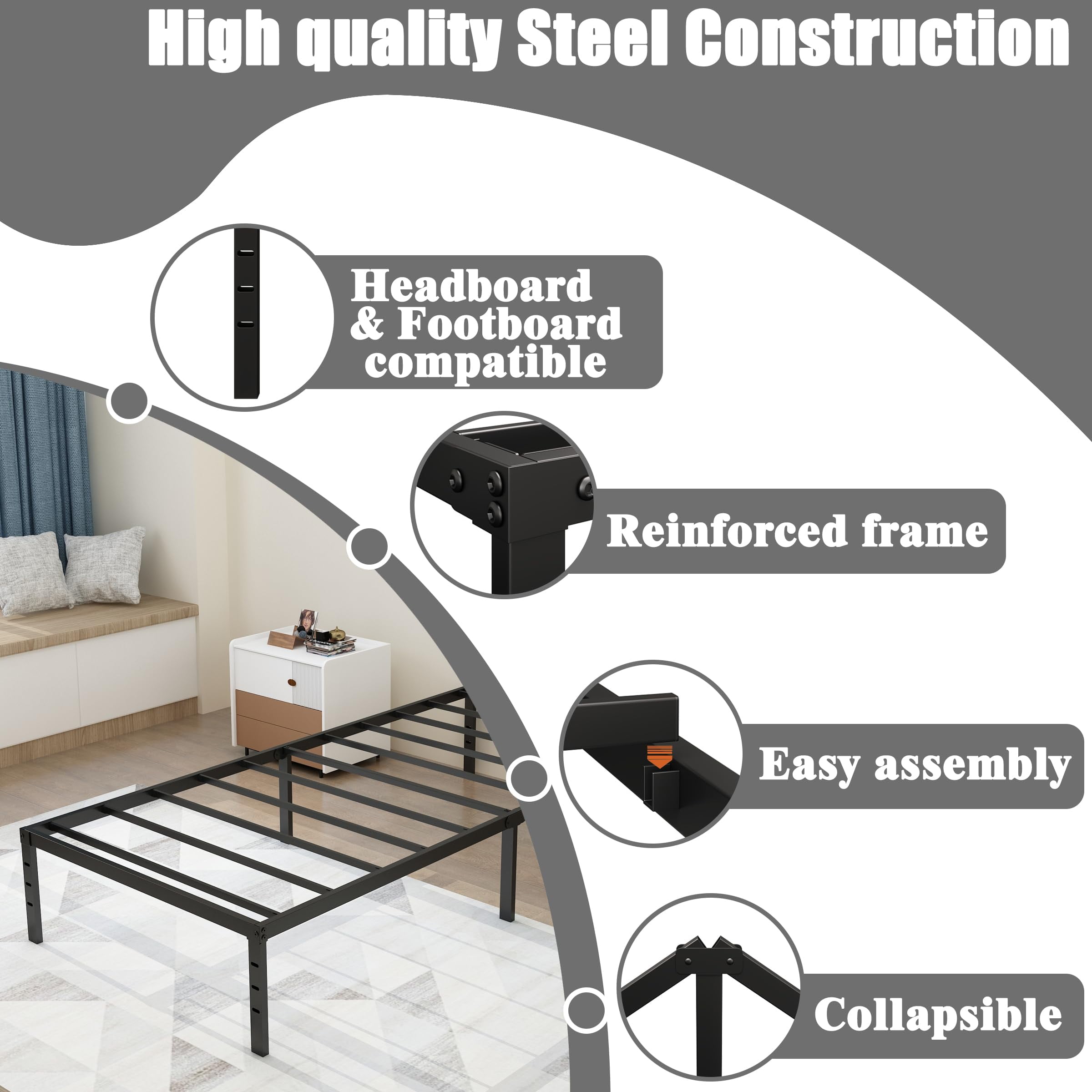 Caplisave Heavy Duty Twin XL Metal Bed Frame, 14" Platform No Box Spring Needed, Noise-Free Easy Assembly Black