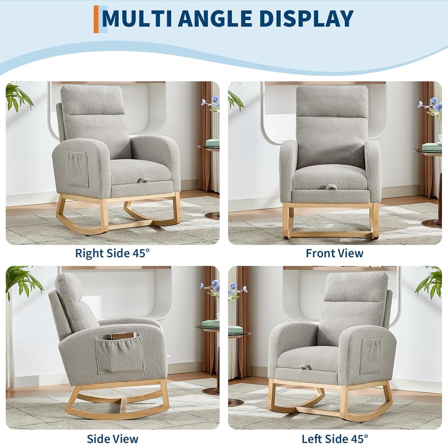 Huisuilinss Nursery Rocking Chair With Foot Rest,Upholstered Rocker Glider Chair,Accent Armchair With High Backrest,Side Pocket,Wood Base For Living Room Bedroom Relaxin