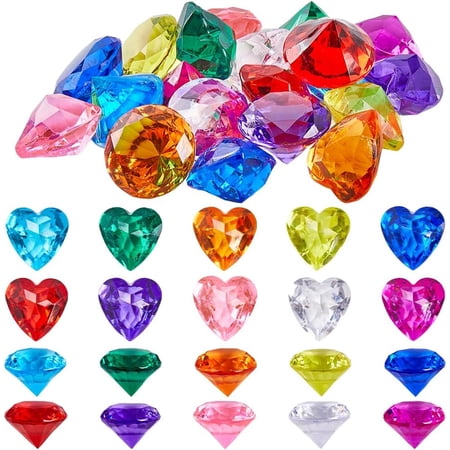 20Pcs Big Colorful Diamonds Treasure Gemstones Plastic Faceted 40mm Large Heart Bling Transparent Beach Multicolor Pirate Jewels Cabochons for Vase Swimming Training Gift Party Favors Decor diy