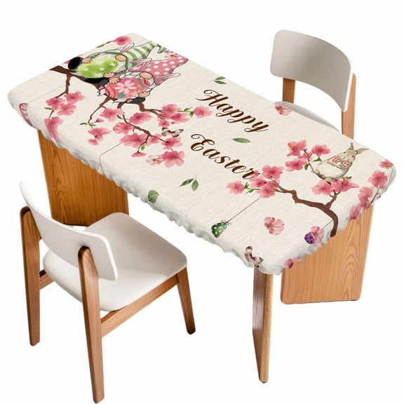 Easter Table Cloths for 6 Foot Rectangle Tables, Country Spring Gnomes Flowers Colorful Eggs Retro Patio Waterproof Elastic Fitted Tablecloths, Washable Rectangular Table Cover for Camping