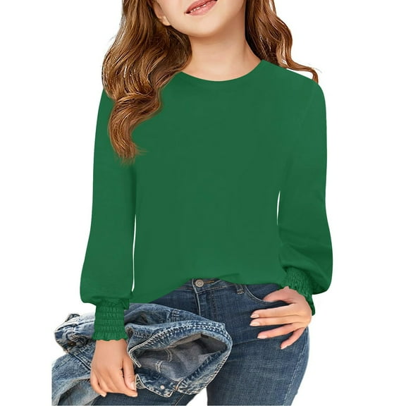 Drmagiyhm Girls Long Sleeve Shirts Size 10-12 Basic Shirt Solid Color T Shirts Casual Crewneck Stylish Little Girl Comfy Fall Tops Army Green 7-8 Years