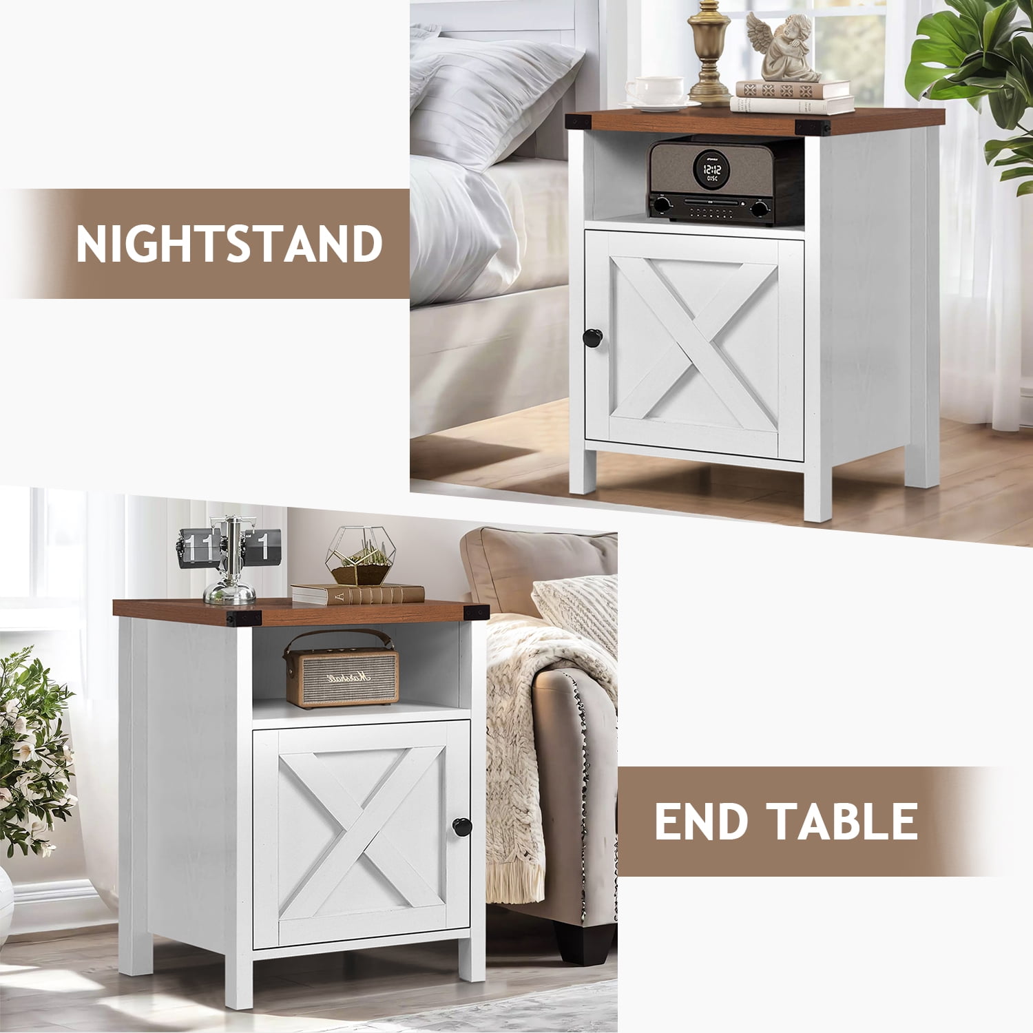 4 Ever Farmhouse End Table Set of 2, White Nightstand for Bedroom