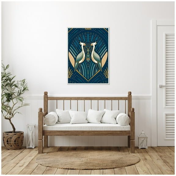 Kate and Laurel Art Deco Herons Blue Framed Canvas Wall Art  by Carey Copeland 28 x 38 Sylvie Beaded White, Mid Century Modern, Abstract, Animals Art for Wall Decor, Living Room Bedroom