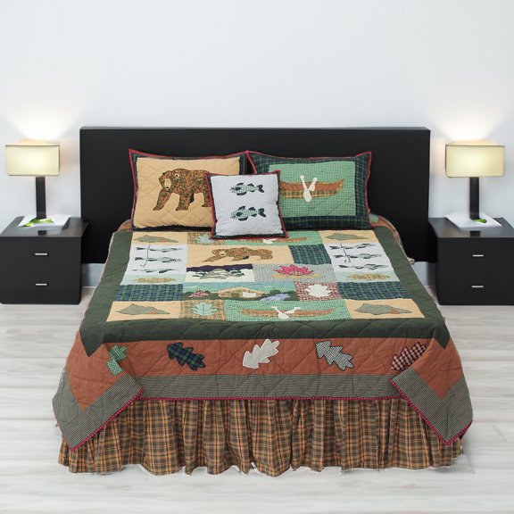 Patch Magic Quilts Quilted Cabin Quilt, Hand cut and Appliqued cotton fabric motifs - King
