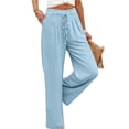 thumbnail image 4 of WHLBF Pants for Women Solid Color Drawstring Waist Long with Pocket Wide Leg Casual Trousers Sky Blue M, 4 of 5
