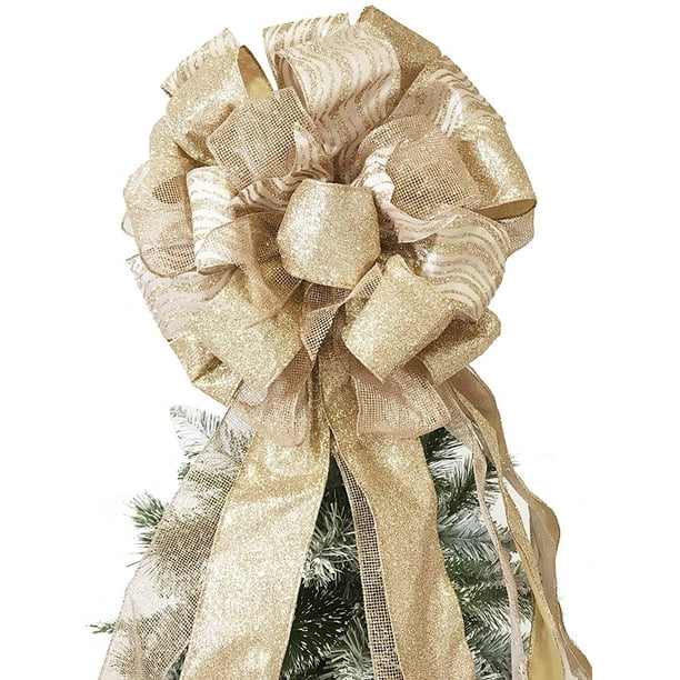 Adorno para árbol de Navidad, lazo grande de 27" x 12" con borde con alambre para decoración navideña (oro rosa) JM corbata de moño